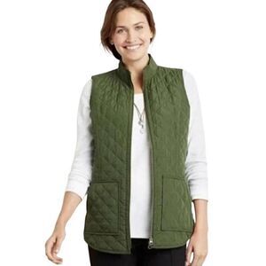 J Jill Heritage Quilted Olive Green Vest Full Zipper Side Pockets Size M Lining